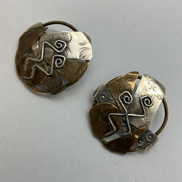 Brutalist artisan silver and brass post earrings - Picture 2 of 7